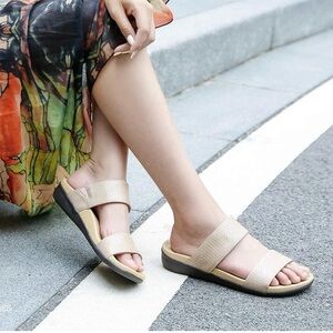 MEGNYA Beige Double-Strap Slide Sandals